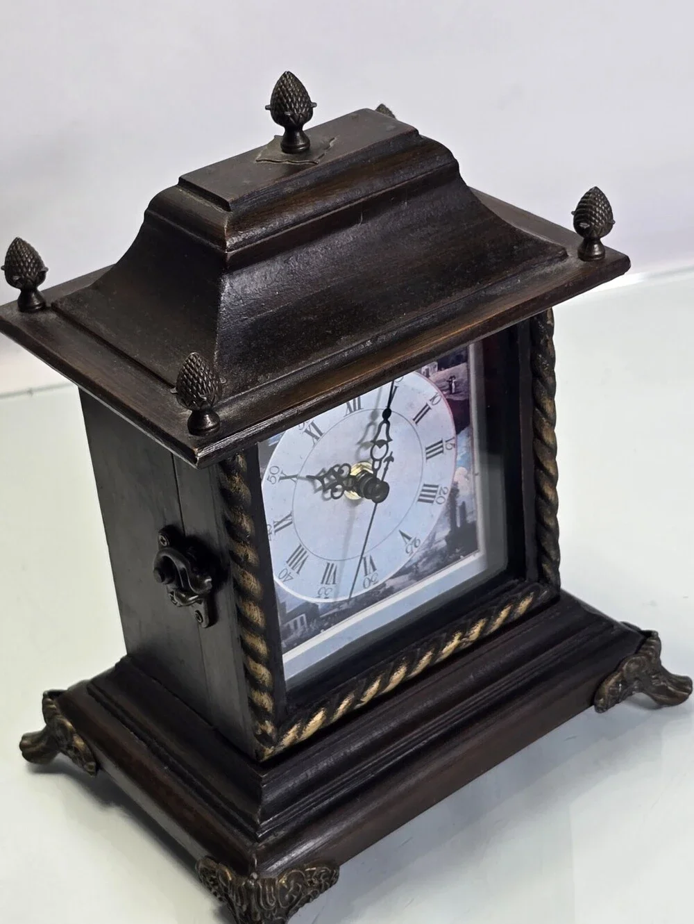 Vtg  Wooden Mantle Clock with Roman Numerals 10” Tall  New Batteries Installed.